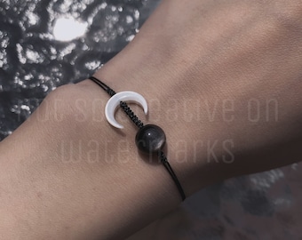 Dainty Moon bracelet silver sheen obsidian moon phase bracelet, witchy celestial anklet love you to the moon and back gift