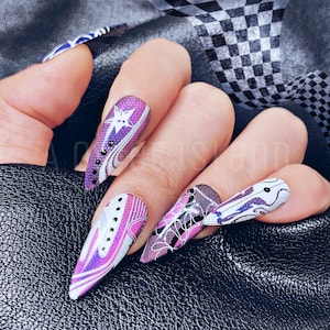 Cyberpunk Press on Nails, Edgy Cybergoth Stiletto Nails, Purple Chrome Y2K Futuristic Motorcycle Racer Aesthetic