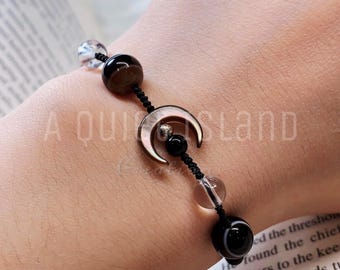 Dainty Black Onyx Bracelet Anklet, Witchy Celestial Stacking Bracelet Adjustable, Mother of Pearl Black Moon, Love You to the Moon Gift
