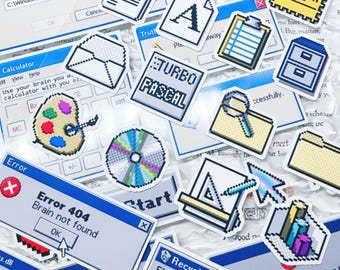 Nostalgic Tech Stickers | Retro 90s Pixel Art Computer Icons Laptop Decals, Funny Windows Pop Up Meme Frutiger Aero PC Decor