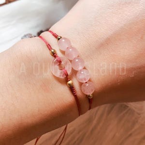 Dainty rose quartz bracelet gold filled dusty rose pink string stacking bracelet set real crystal anklet waterproof boho yoga ankle bracelet