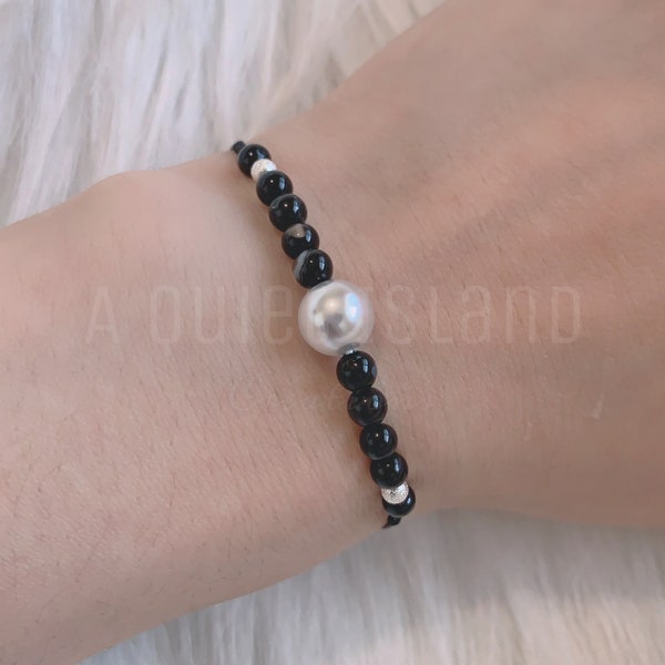 Dainty onyx bracelet silver with pearl statement bracelet, round mini beaded anklet gifts for her tiny bead