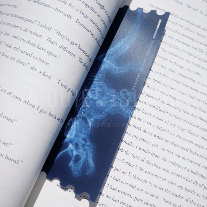 May include: A blue bookmark featuring a dinosaur skeleton illustration. The bookmark has a unique shape with a notched top and is placed in an open book. The text "AQUARIUS" is visible on the bookmark.