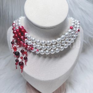 Bloody pearl necklace, dripping blood pearl choker, triple strand pearl necklace gothic blood drops vampire jewelry for Halloween