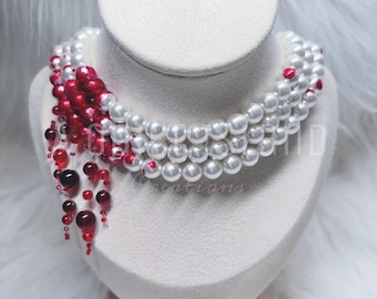 Bloody pearl necklace, dripping blood pearl choker, triple strand pearl necklace gothic blood drops vampire jewelry for Halloween