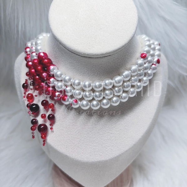Bloody pearl necklace, dripping blood pearl choker, triple strand pearl necklace gothic blood drops vampire jewelry for Halloween