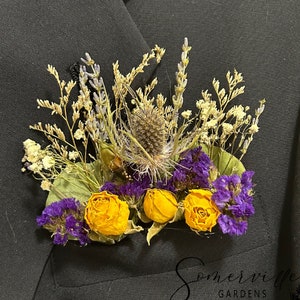 Dried Yellow Roses Pocket Square Boutonniere | Elegant Suit Pocket Square | Wedding, Groom, Groom&#39;s Men, Bestman, Prom | Forever Boutonniere