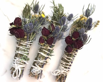 Dried Handmade Rosemary Rose Smudge Wand | Roses, Thistle, and Rosemary | New Moon Ceremony, 8 inch