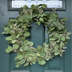Eucalyptus Silver Dollar Wreath | Silver Dollar + Baby&#39;s Breath Eucalyptus Wreath | Boho Decor, Wall Decor, Front Door Wreath