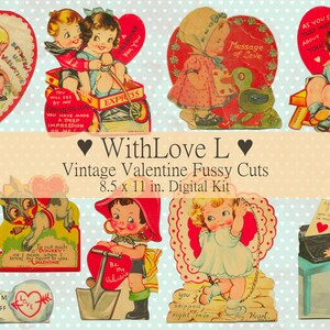 Vintage Valentines Digital Kit, Retro Junk Journal Printable Ephemera, Paper Pack, Fussy Cuts, Red Heart Love Theme