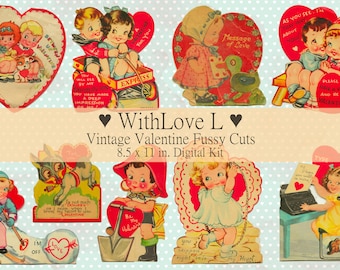 Vintage Valentines Digital Kit, Retro Junk Journal Printable Ephemera, Paper Pack, Fussy Cuts, Red Heart Love Theme