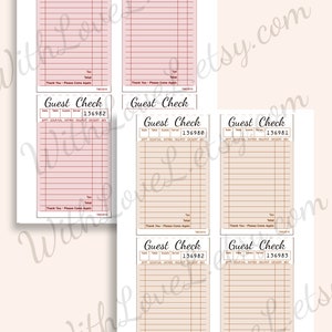 May include: Six printable guest checks with a pink and beige background. Each check has a space for the date, table number, number of guests, server number, and a check number. The check number is 136980, 136981, 136982, 136980, 136981, and 136983. The checks also have a section for appetizers, soup, salad, entree, vegetables, potatoes, dessert, and beverages. The checks have a line for tax and total. The bottom of each check says "Thank You - Please Come Again".