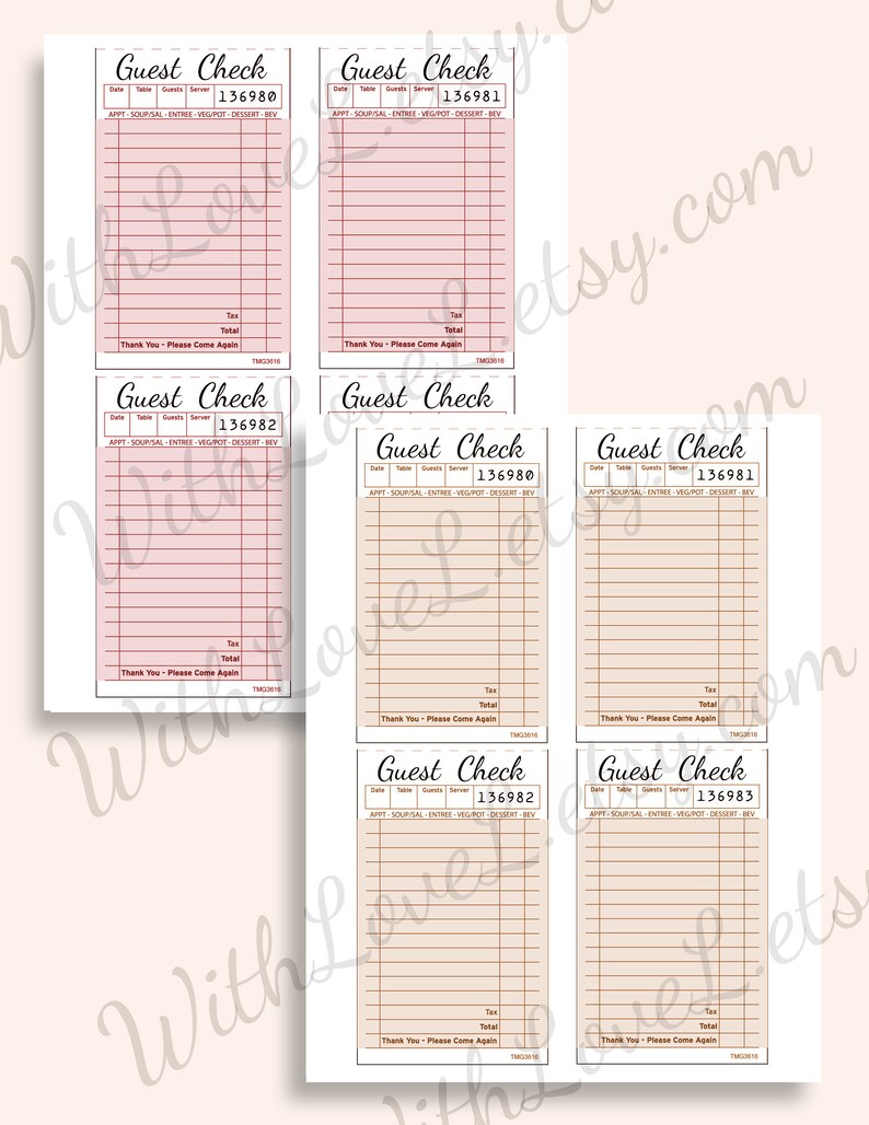 May include: Six printable guest checks with a pink and beige background. Each check has a space for the date, table number, number of guests, server number, and a check number. The check number is 136980, 136981, 136982, 136980, 136981, and 136983. The checks also have a section for appetizers, soup, salad, entree, vegetables, potatoes, dessert, and beverages. The checks have a line for tax and total. The bottom of each check says "Thank You - Please Come Again".