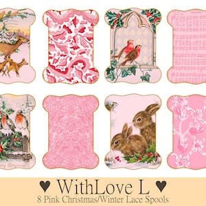 Pink Christmas Lace Ribbon Halter Digital Junk Journal Kit | Winter Seasonal US Letter Printable | Vintage Tapete Waldtiere
