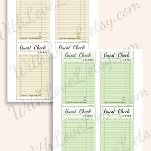 May include: Six printable guest checks with a vintage design. The checks are in two color schemes: beige with gold lines and green with black lines. Each check has fields for date, table number, guests, server, and a list of items with prices. The checks are numbered 136980, 136981, 136982, 136980, 136981, and 136982.
