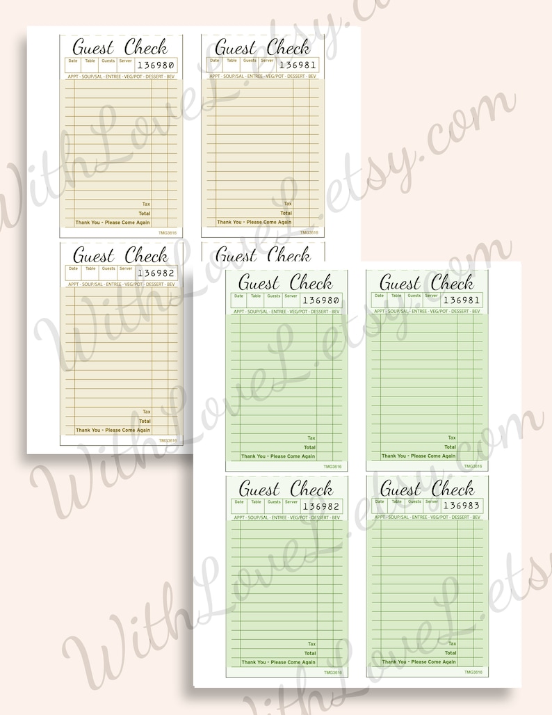 May include: Six printable guest checks with a vintage design. The checks are in two color schemes: beige with gold lines and green with black lines. Each check has fields for date, table number, guests, server, and a list of items with prices. The checks are numbered 136980, 136981, 136982, 136980, 136981, and 136982.