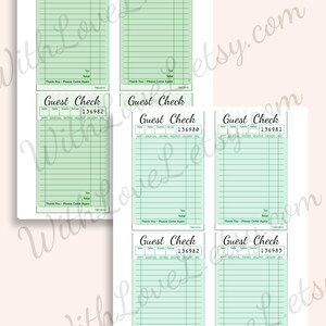 May include: Six printable guest checks with a green background and black text. The checks are numbered 136980, 136981, 136982, 136980, 136981, and 136983. Each check has space for the date, table number, guest count, server, and a list of items with their prices. The bottom of each check says "Thank You - Please Come Again".