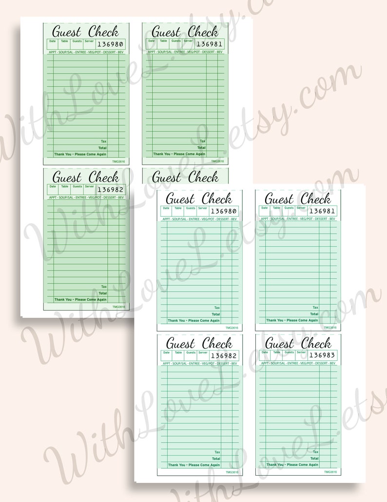 May include: Six printable guest checks with a green background and black text. The checks are numbered 136980, 136981, 136982, 136980, 136981, and 136983. Each check has space for the date, table number, guest count, server, and a list of items with their prices. The bottom of each check says "Thank You - Please Come Again".