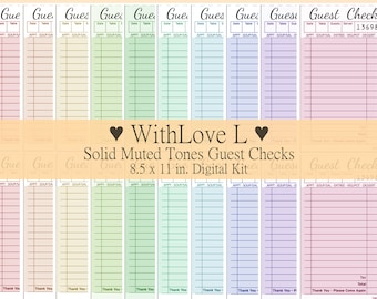 Muted Colors Rainbow Guest Checks Digital Kit, Junk Journal Printable Ephemera, 8.5x11 inches Letter Size, A4