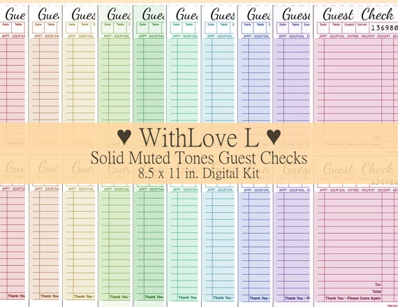 Muted Colors Rainbow Guest Checks Digital Kit, Junk Journal Printable Ephemera, 8.5x11 inches Letter Size, A4