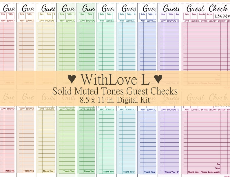May include: A digital kit of 12 printable guest checks in muted tones. The checks are 8.5 inches by 11 inches and feature a variety of colors, including pink, blue, green, and yellow. The checks are designed for use in restaurants or other businesses that serve food.