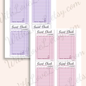 May include: Six printable guest checks with a purple and white or pink and white striped design. The checks have fields for date, table, guests, server, and a section for appetizers, soup/salad, entree, vegetables/potatoes, dessert, and beverages. Each check has a total and tax section and the text "Thank You - Please Come Again".