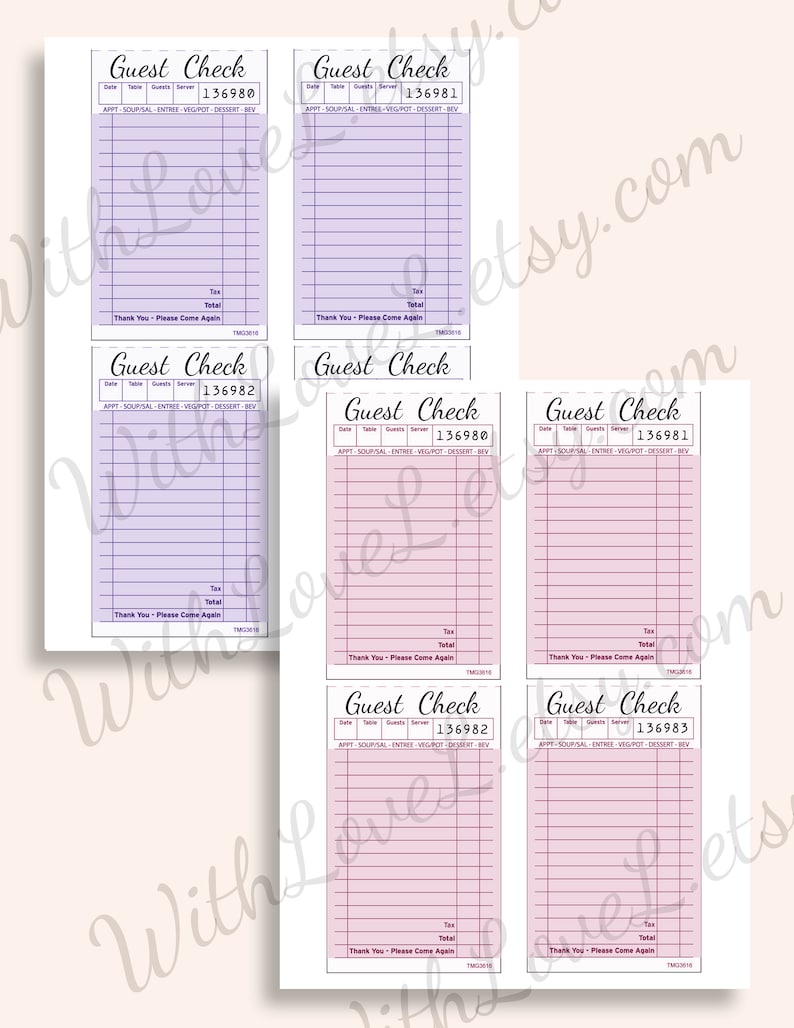 May include: Six printable guest checks with a purple and white or pink and white striped design. The checks have fields for date, table, guests, server, and a section for appetizers, soup/salad, entree, vegetables/potatoes, dessert, and beverages. Each check has a total and tax section and the text "Thank You - Please Come Again".