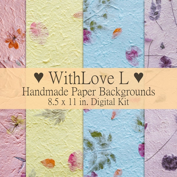 Handmade Paper Backgrounds Printable kit, Junk Journal Digital Kit, Natural Fiber Papers, Pastel Colors, Pressed Flowers, Leaves