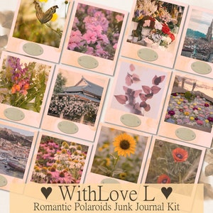 Romantic Polaroids Junk Journal Kit, Vintage Digital Printable Ephemera, Tags, Floral Photography, Spring or Summer, Scrapbooking, Pastel