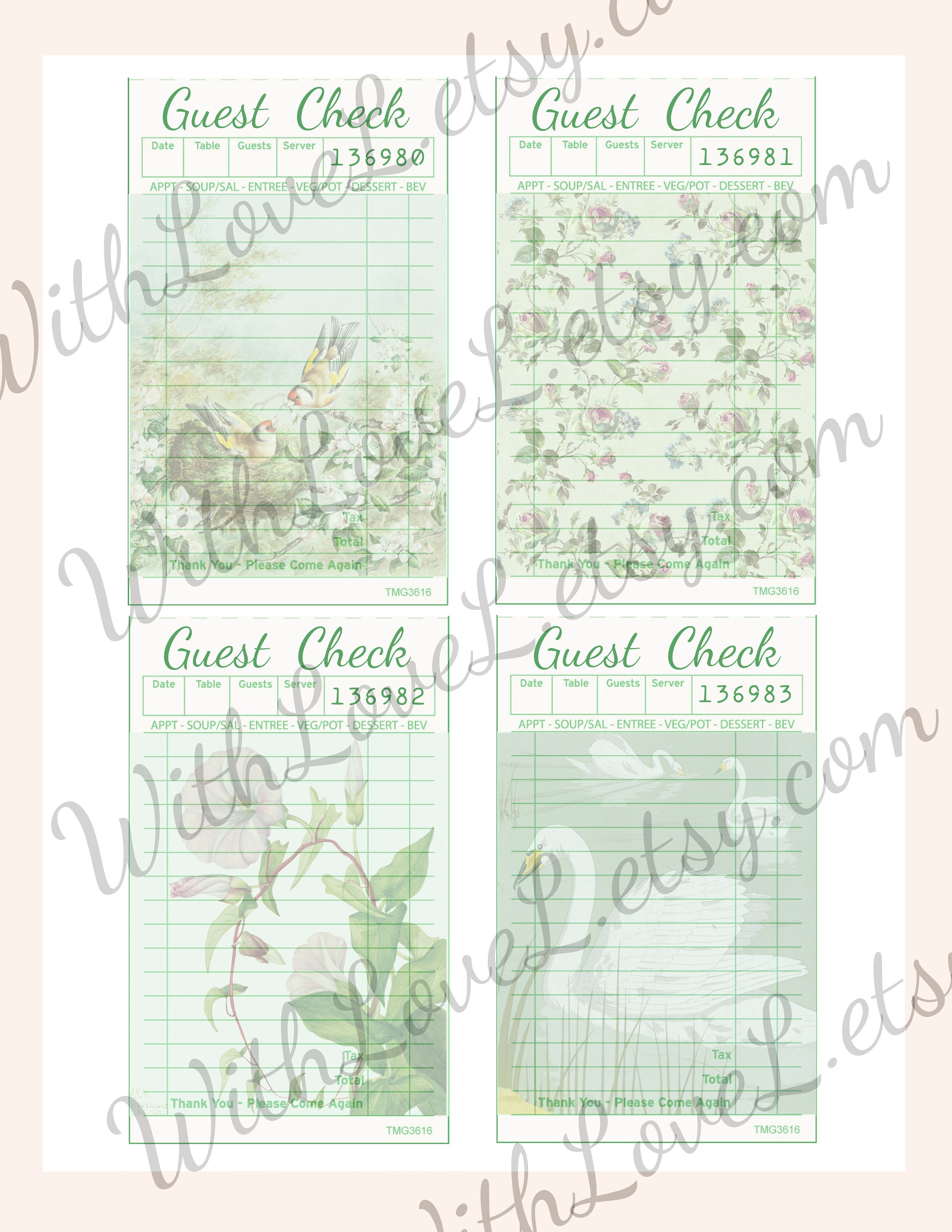 Check Journal Shabby Chic Pastel Guest Checks Digital Kit, Junk Journal Printable ...