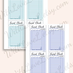 May include: Six printable guest check templates with blue and white lines. The check numbers are 136980, 136981, 136982, 136980, 136981, and 136983. Each check has a section for date, table, guests, server, and a list of items with the headings: APPT, SOUP/SAL, ENTREE, VEG/POT, DESSERT, and BEV.