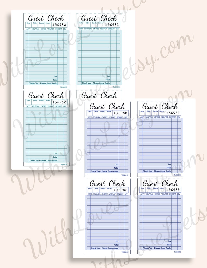 May include: Six printable guest check templates with blue and white lines. The check numbers are 136980, 136981, 136982, 136980, 136981, and 136983. Each check has a section for date, table, guests, server, and a list of items with the headings: APPT, SOUP/SAL, ENTREE, VEG/POT, DESSERT, and BEV.