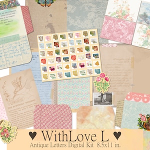 Cartas antiguas / Kit de diario basura digital / Paquete de papel 8.5x11 / Vintage Pastel Neutral / Sobres con collage, Sellos, Descarga instantánea PDF