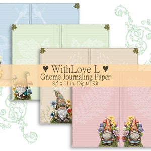 Garden Gnome Junk Journal Kit, Pastel Digital Paper Pack, Horizontaal Gelinieerd Schrijfpapier, Fantasie, Bos, Natuurthema, 8,5x11 inch