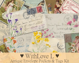 Antique Floral Envelope Pockets and Tags Junk Journal Digital Kit, Letter Size 8.5x11 inches