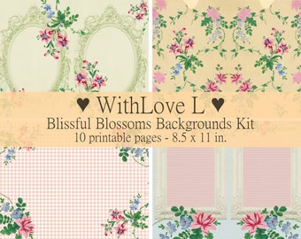 Blissful Blossoms, 10 Printable Backgrounds Junk Journal Kit, Digital Scrapbook Paper, Vintage Floral, Spring, Summer