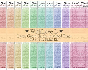 Lace Muted Colors Rainbow Guest Checks Digital Kit, Junk Journal Printable Ephemera, 8.5x11 inches Letter Size, A4