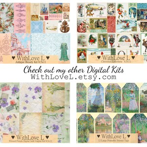 May include: A collage of four digital paper packs for scrapbooking and junk journaling. The packs include images of flowers, vintage illustrations, and holiday scenes. The text "WithLove L" and "Check out my other Digital Kits WithLoveL.etsy.com" is included in the image.