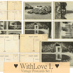 Antike Postkarten Set 1, Vintage Junk Journal Ephemera Kit Neutral, Digital Download Printable Journal Karten, Schwarz und Weiß Ink Saver