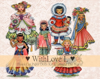 May include: A set of paper dolls representing girls from different cultures around the world. The dolls are dressed in traditional clothing, including a pink dress with a green skirt, a red and blue dress with a white collar, a blue and yellow dress with a white head covering, a red and white dress with a blue collar, a pink and green dress with a blue head covering, and a red and white dress with a blue and white head covering. The dolls are part of a 'Fussy Cut Paper Dolls Kit 1 'Around The World' set.