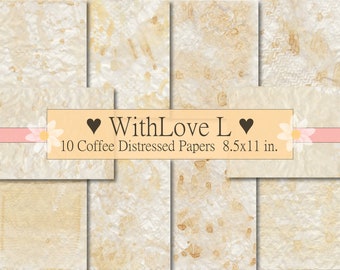 Coffee Dyed Paper Pack, Digital Download, Basics Junk Journal Printable Kit, Stenciled Tea Dyed Grunge Pages | 10 Pages 8.5x11 inches