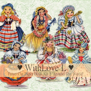 Vintage Paper Dolls 3 Fussy Cut Digital Junk Journal Kit, Retro Girls from Around The World, 8.5x11 inches Letter Size