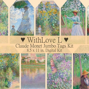 Junk Journal Tags Kit, Printable Ephemera, 12 Large Tags, Paper Crafts, Floral Artwork, Claude Monet, Spring or Summer, Scrapbooking, Pretty