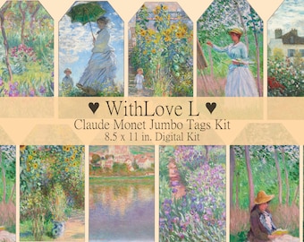 Junk Journal Tags Kit, Printable Ephemera, 12 Large Tags, Paper Crafts, Floral Artwork, Claude Monet, Spring or Summer, Scrapbooking, Pretty