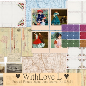 Vintage Treasures Digital Junk Journaling Kit, 8.5 x 11 inches, Antique Documents, Embroidered Linens, Polaroids, Art, Tickets, Maps, Doily