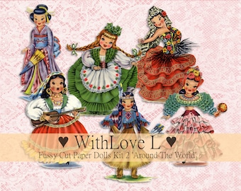 May include: A set of six paper dolls representing different cultures around the world. The dolls are dressed in traditional clothing and include a Japanese doll, an Irish doll, a Spanish doll, a Mexican doll, a Native American doll, and a Hawaiian doll. The dolls are part of a 'Fussy Cut Paper Dolls Kit 2 'Around The World''.
