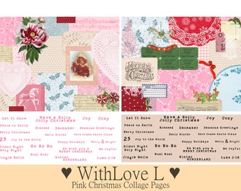 Pink Christmas Collaged Pages Digital Junk Journal Kit | Holiday Fussy Cut 8.5x11 Printable Paper Pack | Retro Vintage Pastel Wallpaper