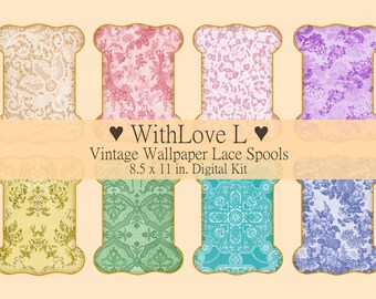 Lace Spools Ribbon Holders Bobbins Printable Cards with Vintage Wallpaper Design in Pastel Rainbow Colors