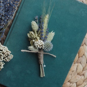 Dried Flower Boutonniere | Pale Green & Blue Pastel Everlasting Rustic Buttonhole | Lavender, Phalaris, Rice flower, Echinops Thistle