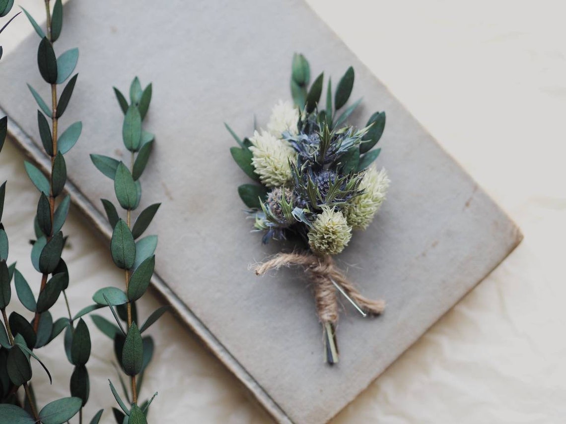 Dried Flower Boutonniere Emerald Green Eucalyptus & Blue | Etsy UK